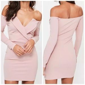 NWT Missguided Bardot Foldover Wrap Dress 2 Pink Long Sleeve Off The Shoulder